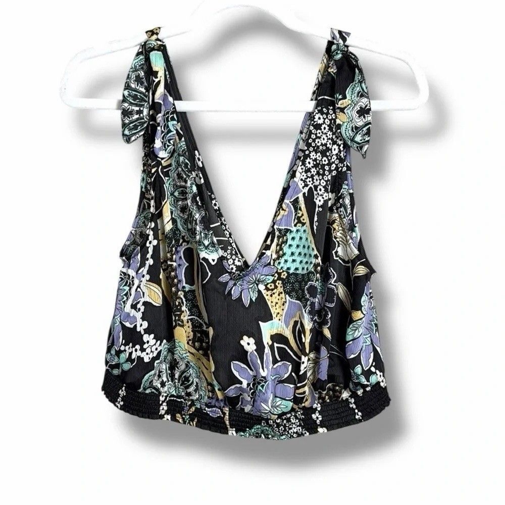 Intimately Free People Weekend in Montauk Crop Top Black Floral Paisley Ties S
